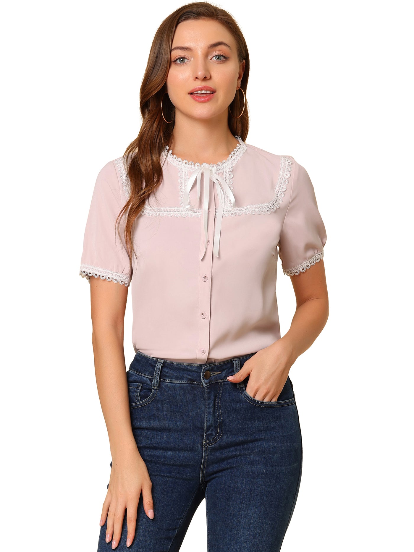 Allegra K Short Sleeve Blouse Lace Panel Bow Tie Collar Button Down Shirt