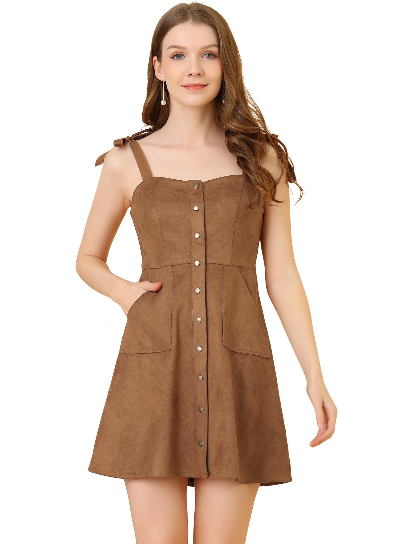 Allegra K Casual Pinafore Overall Button Down Sleeveless Faux Suede Dress