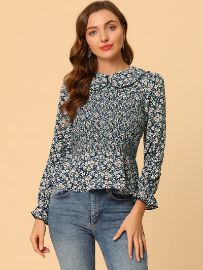 Peter Pan Collar Long Sleeve Casual Chiffon Floral Smocked Top