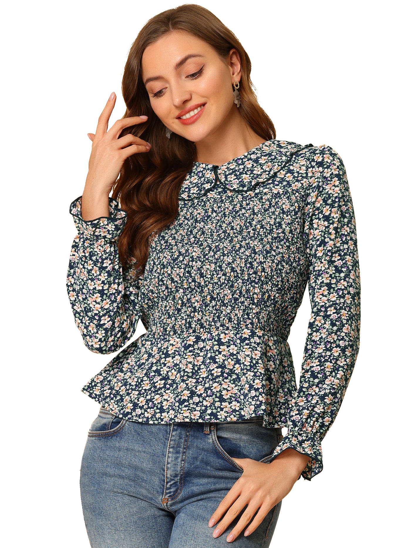 Allegra K Peter Pan Collar Long Sleeve Casual Chiffon Floral Smocked Top