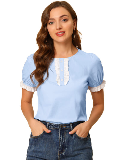 Puff Sleeve Crew Neck Cute Lace Trim Summer Vintage Cotton Top