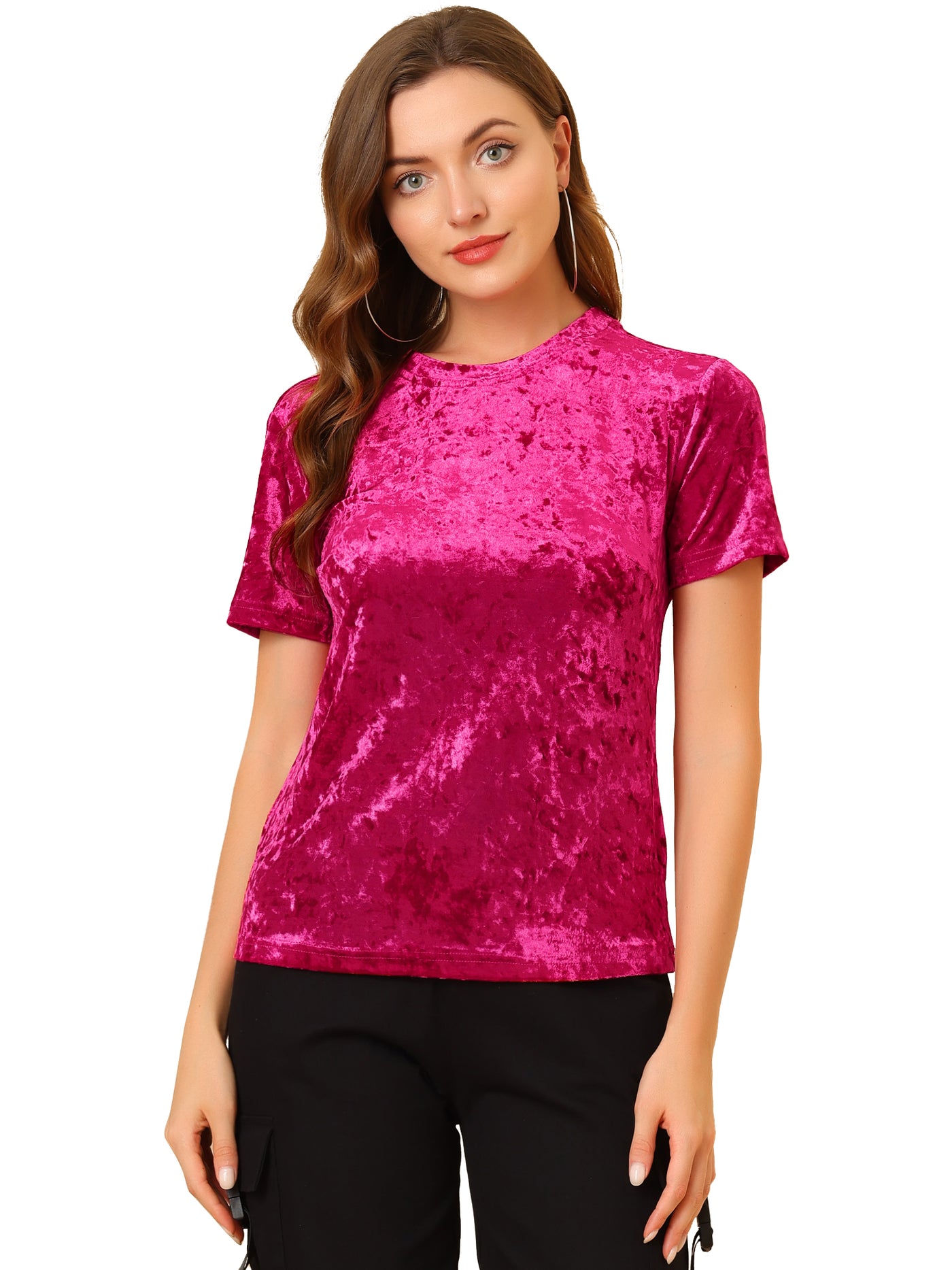 Allegra K Velvet Top Crew Neck Short Sleeve Casual T-Shirt