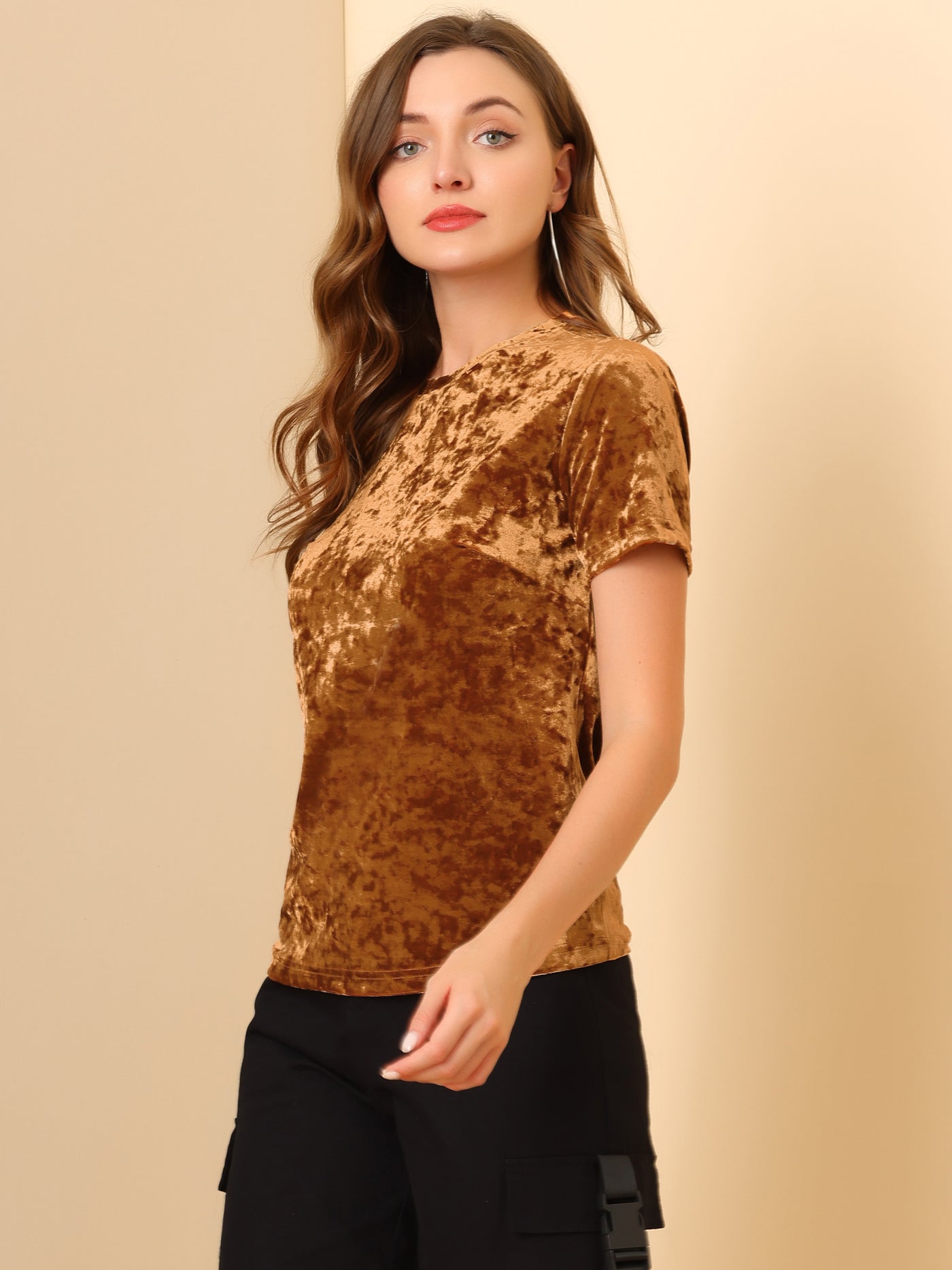 Allegra K Velvet Top Crew Neck Short Sleeve Casual T-Shirt