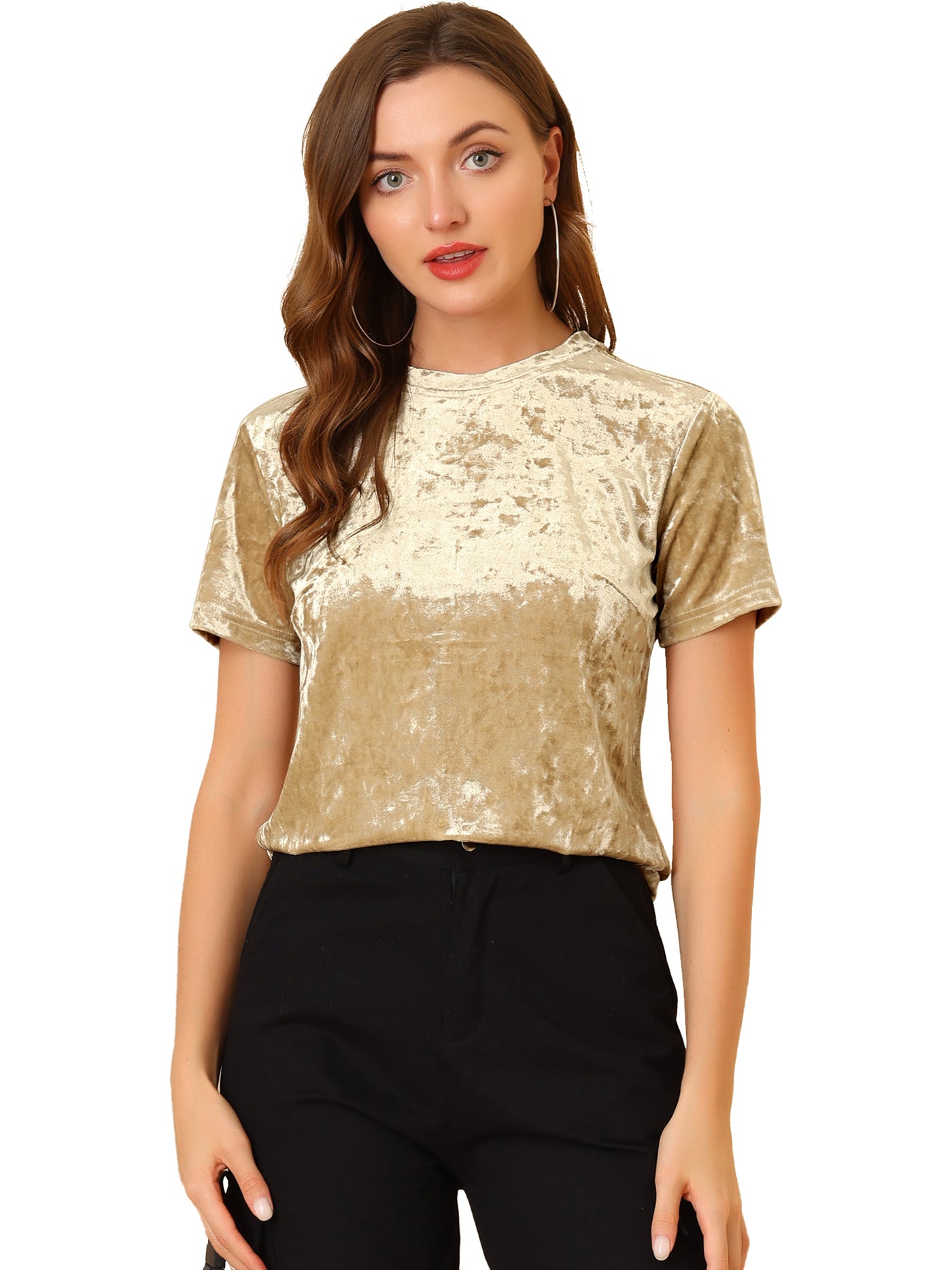 Allegra K Velvet Top Crew Neck Short Sleeve Casual T-Shirt