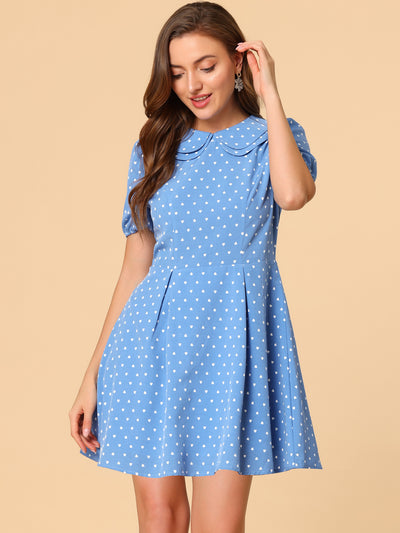 Heart Print Short Sleeve A-Line Peter Pan Collar Mini Dress