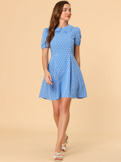 Heart Print Short Sleeve A-Line Peter Pan Collar Mini Dress