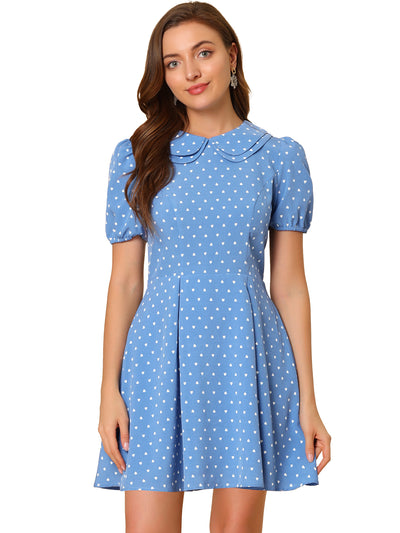 Heart Print Short Sleeve A-Line Peter Pan Collar Mini Dress