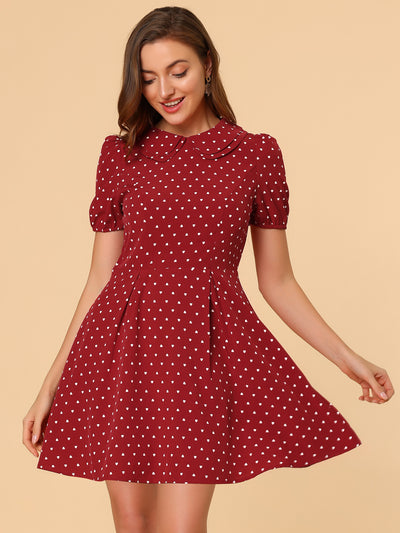 Heart Print Short Sleeve A-Line Peter Pan Collar Mini Dress