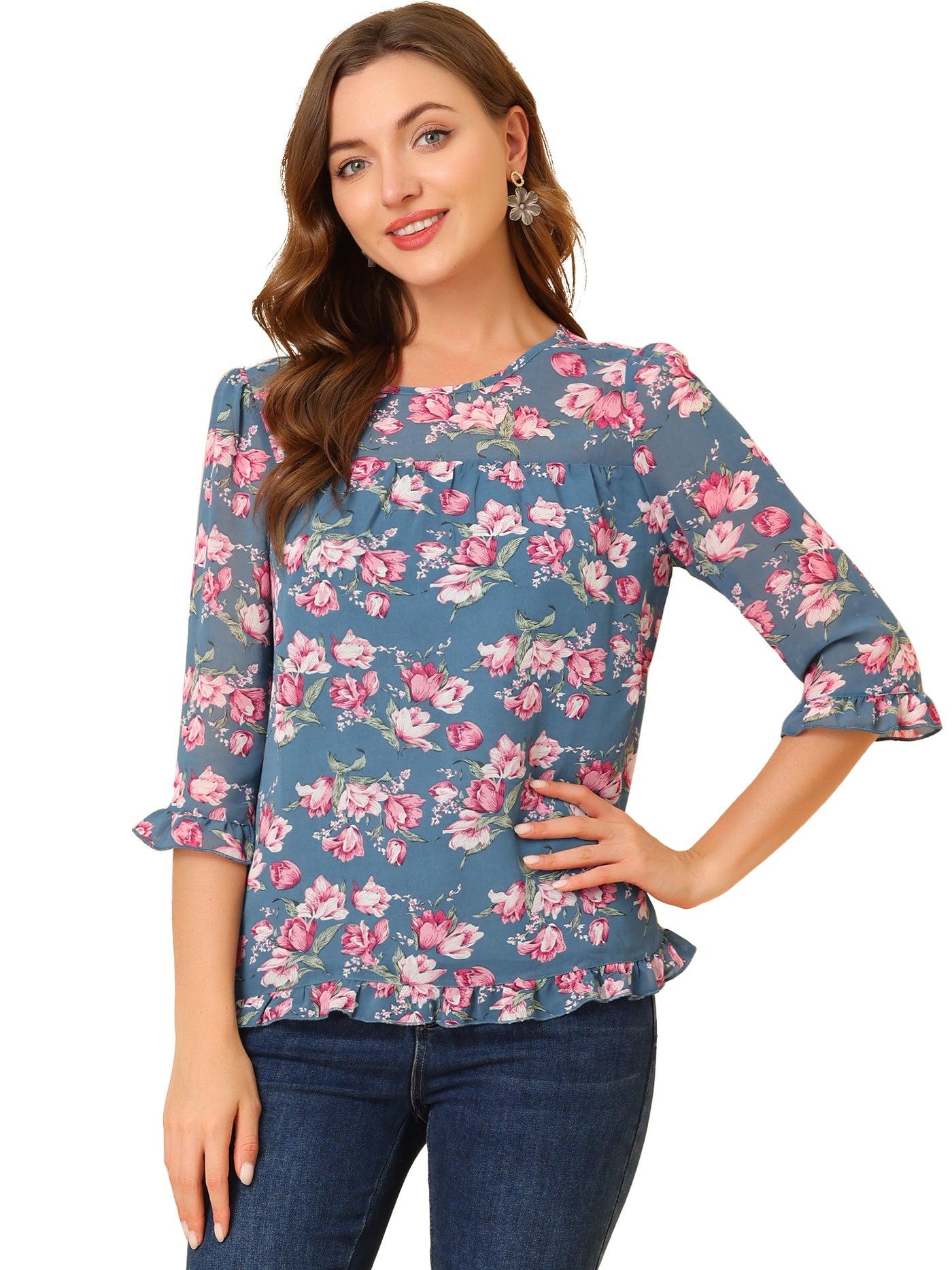 Allegra K Casual Ruffle Floral Print 3/4 Sleeve Chiffon Blouse