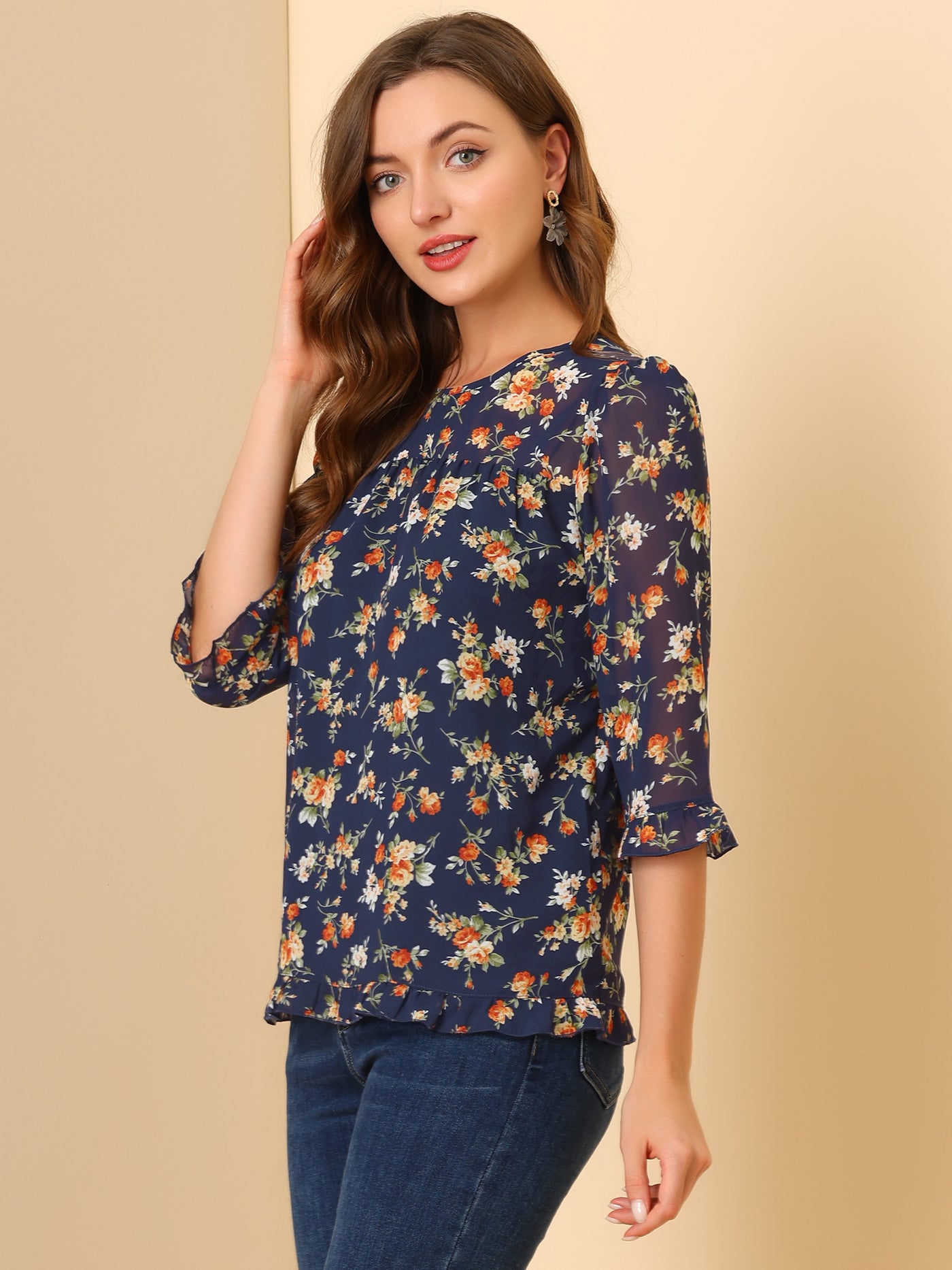 Allegra K Casual Ruffle Floral Print 3/4 Sleeve Chiffon Blouse