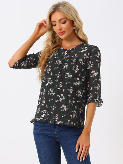 Casual Ruffle Floral Print 3/4 Sleeve Chiffon Blouse