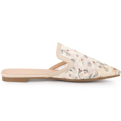 Pointed Toe Floral Embroidery Flats Mules
