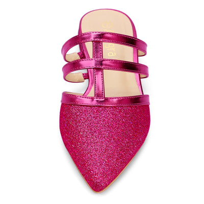 Glitter Pointed Toe T Strap Slip On Flats Mules