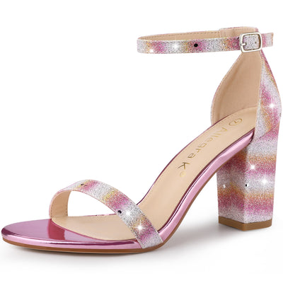 Glitter Ankle Strap Chunky Heel Sandals