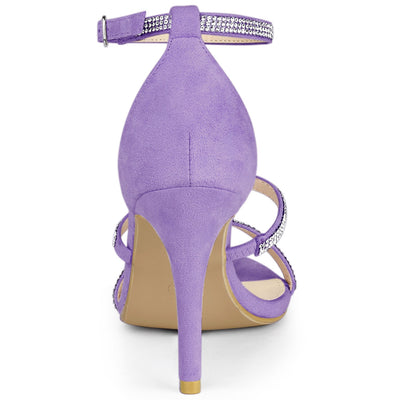 Faux Suede Strappy Ankle Strap Rhinestone Heel Sandals