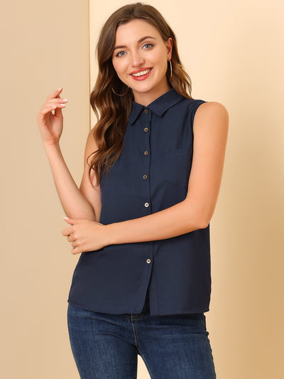 Denim Collar Button Down Casual Office Sleeveless Shirt