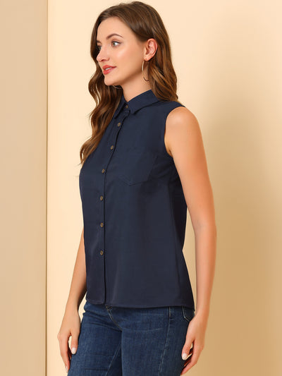 Denim Collar Button Down Casual Office Sleeveless Shirt