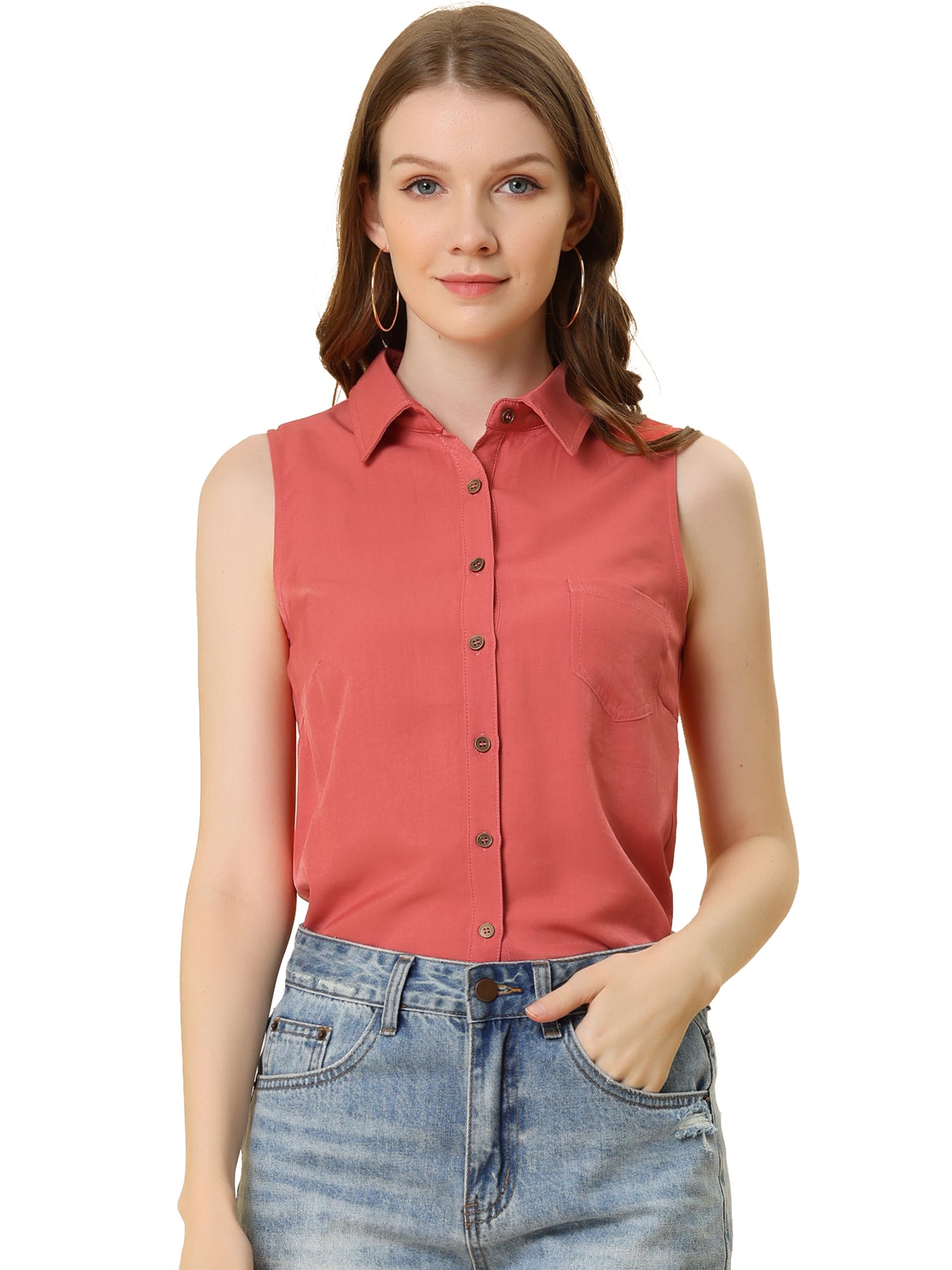 Allegra K Lapel Single Breasted Casual Office Sleeveless Shirt