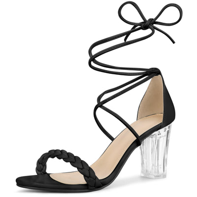 Woven Lace Up Braided Clear Block Heel Sandals