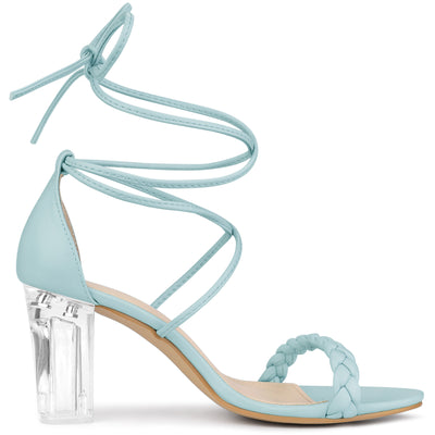 Woven Lace Up Braided Clear Block Heel Sandals