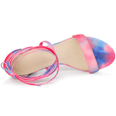 Tie Dye Lace Up Open Toe Strappy Chunky Heel Sandals