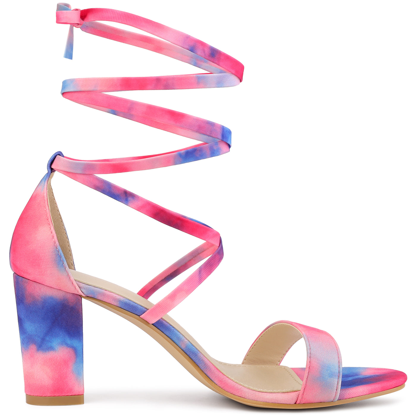 Allegra K Tie Dye Lace Up Open Toe Strappy Chunky Heel Sandals