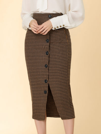 Elegant Houndstooth Elastic Waist Straight Split Midi Skirt