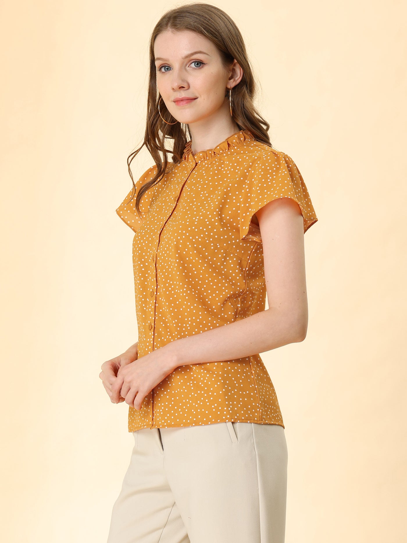 Allegra K Ruffle Summer Dots Print Retro Short Sleeve Button Blouse