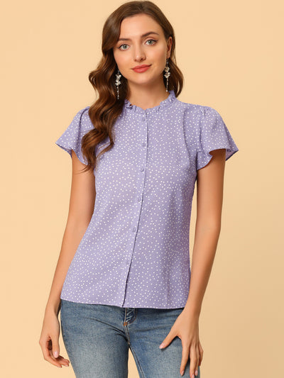 Ruffle Summer Dots Print Retro Short Sleeve Button Blouse