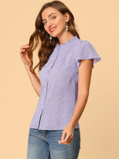 Ruffle Summer Dots Print Retro Short Sleeve Button Blouse