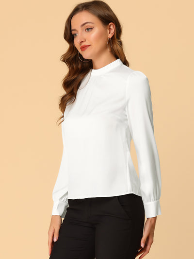 Satin Blouse Puff Sleeve Stand Collar Work Top