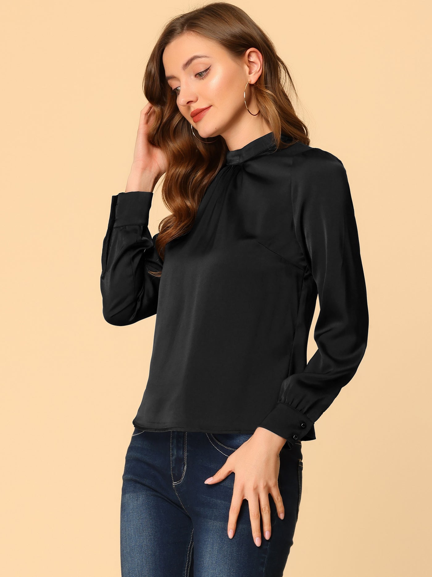 Allegra K Satin Blouse Puff Sleeve Stand Collar Work Top