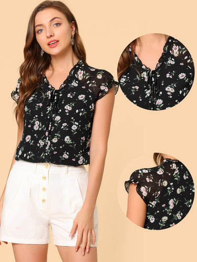 Ditsy Floral Print Chiffon Short Sleeve Ruffle Blouse