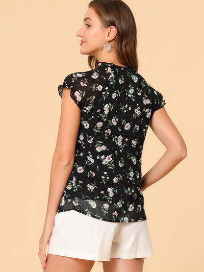 Ditsy Floral Print Chiffon Short Sleeve Ruffle Blouse