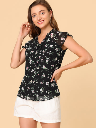 Ditsy Floral Print Chiffon Short Sleeve Ruffle Blouse