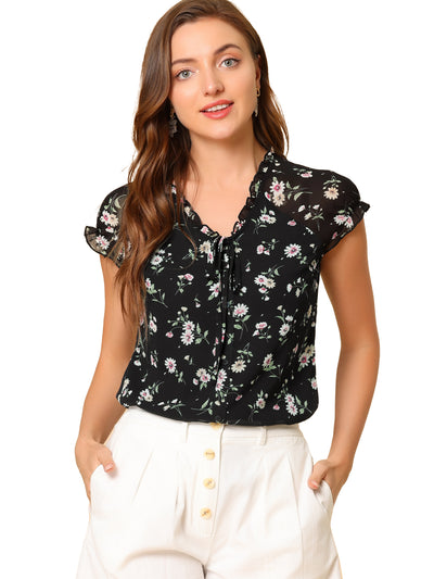 Ditsy Floral Print Chiffon Short Sleeve Ruffle Blouse