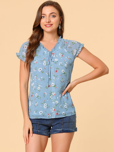 Ditsy Floral Print Chiffon Short Sleeve Ruffle Blouse