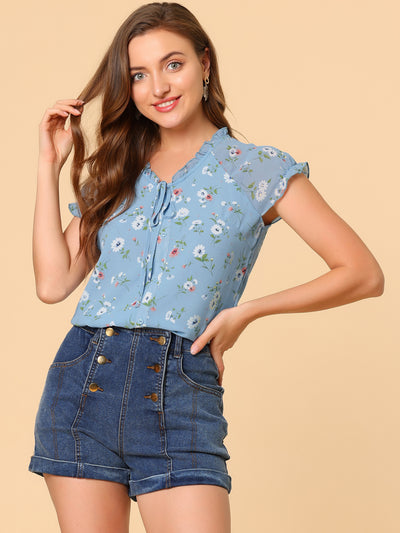 Ditsy Floral Print Chiffon Short Sleeve Ruffle Blouse