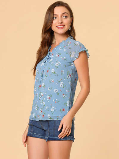 Ditsy Floral Print Chiffon Short Sleeve Ruffle Blouse