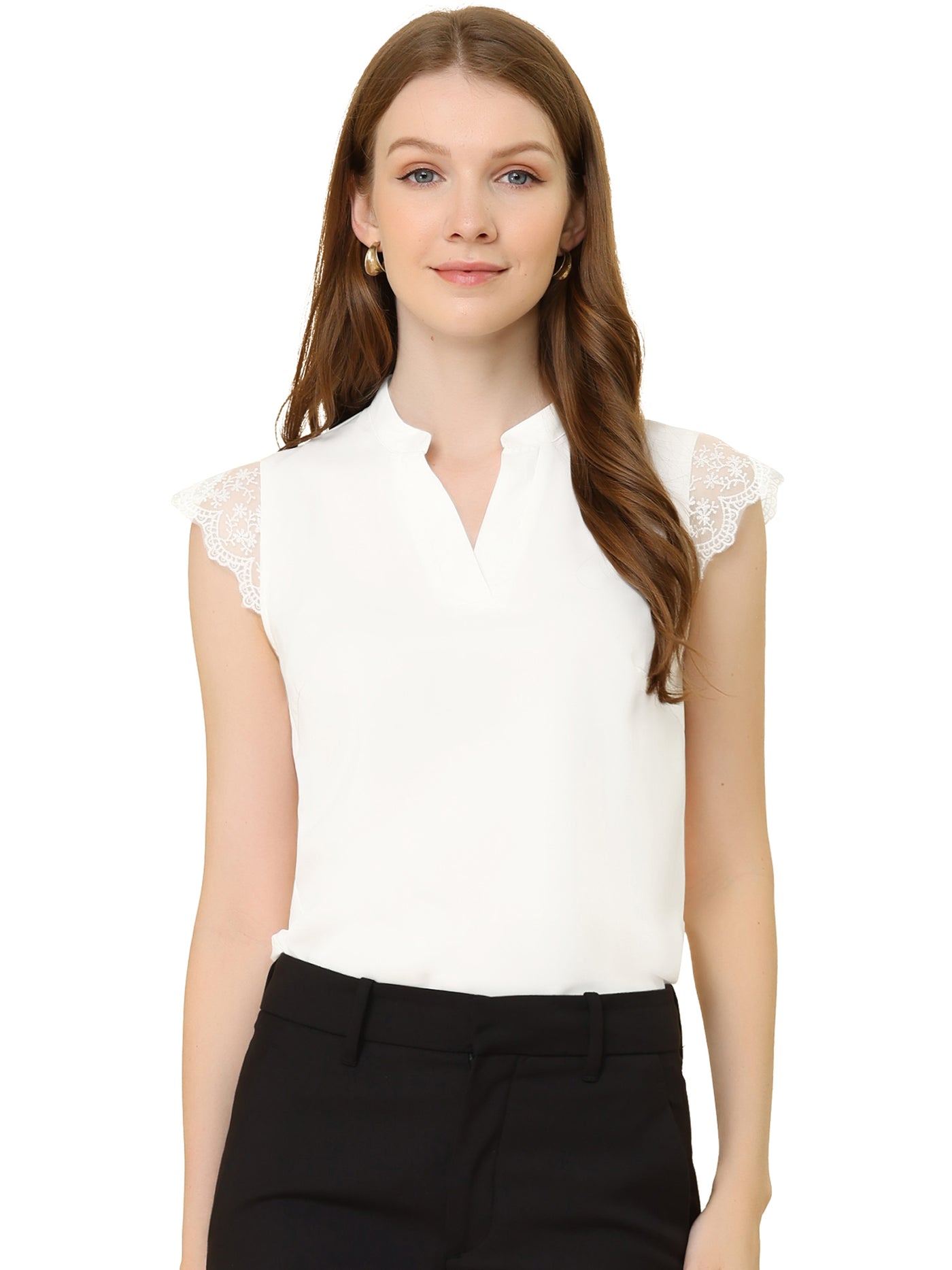 Allegra K Work Top Office Lace Cap Sleeve Basic Shirt Blouse