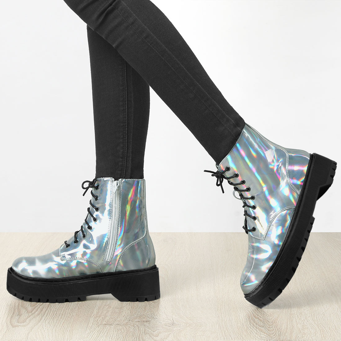 Allegra K Round Toe Platform Lace Up Colorful Combat Ankle Boots