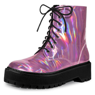 Round Toe Platform Lace Up Colorful Combat Ankle Boots