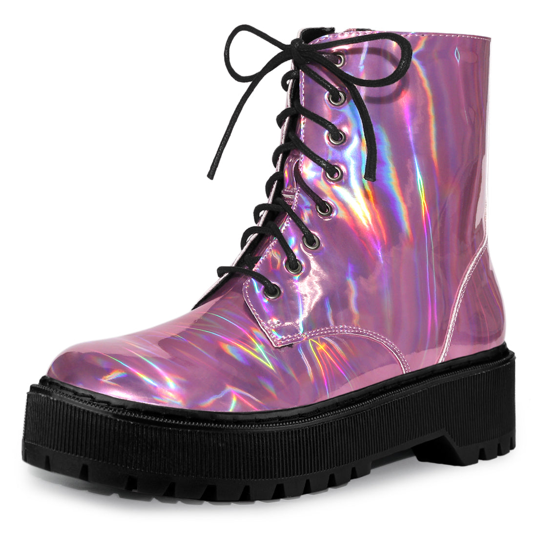 Allegra K Round Toe Platform Lace Up Colorful Combat Ankle Boots