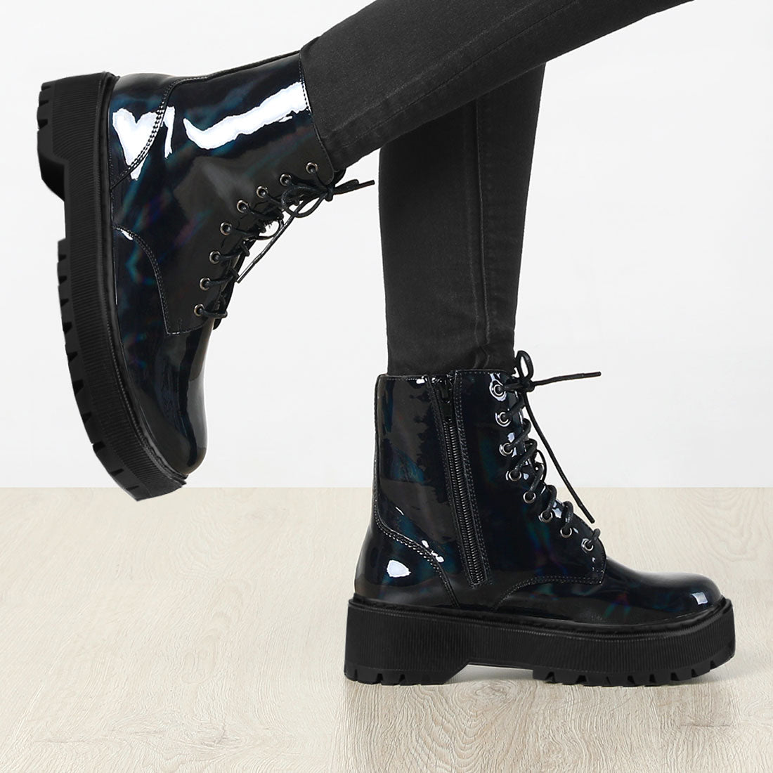 Allegra K Round Toe Platform Lace Up Colorful Combat Ankle Boots