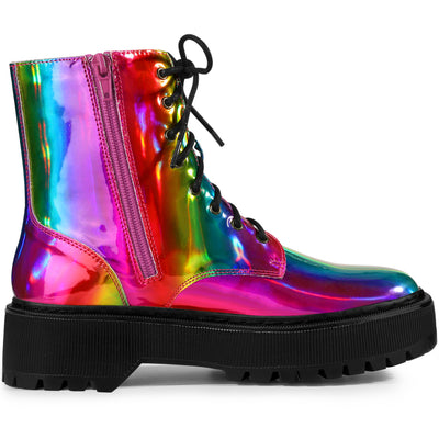 Round Toe Platform Lace Up Colorful Combat Ankle Boots