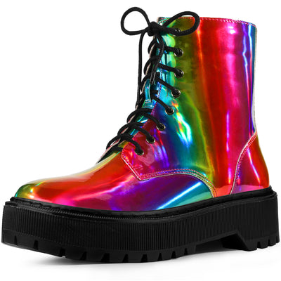 Round Toe Platform Lace Up Colorful Combat Ankle Boots