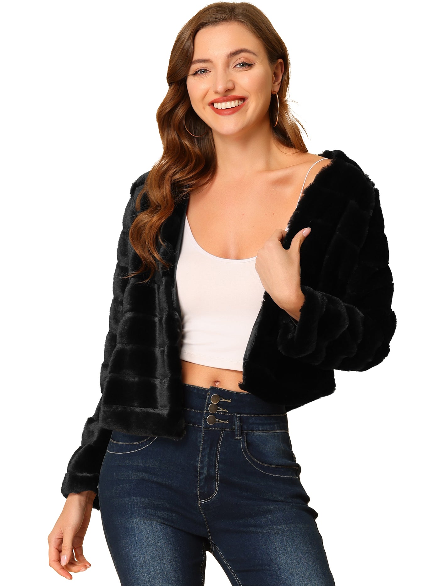 Allegra K Winter Warm Cropped Jacket Collarless Faux Fur Fluffy Coat