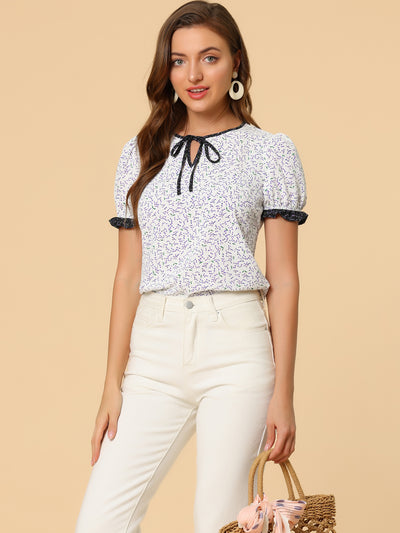 Tie Neck Contrast Trim Short Sleeve Floral Blouse Tops