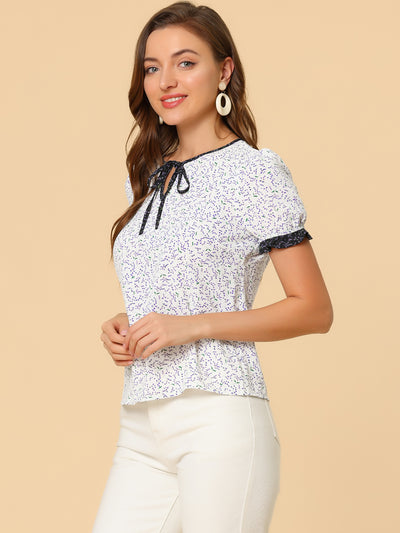 Tie Neck Contrast Trim Short Sleeve Floral Blouse Tops