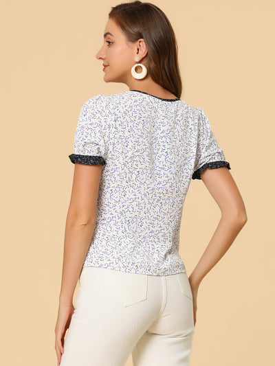 Tie Neck Contrast Trim Short Sleeve Floral Blouse Tops